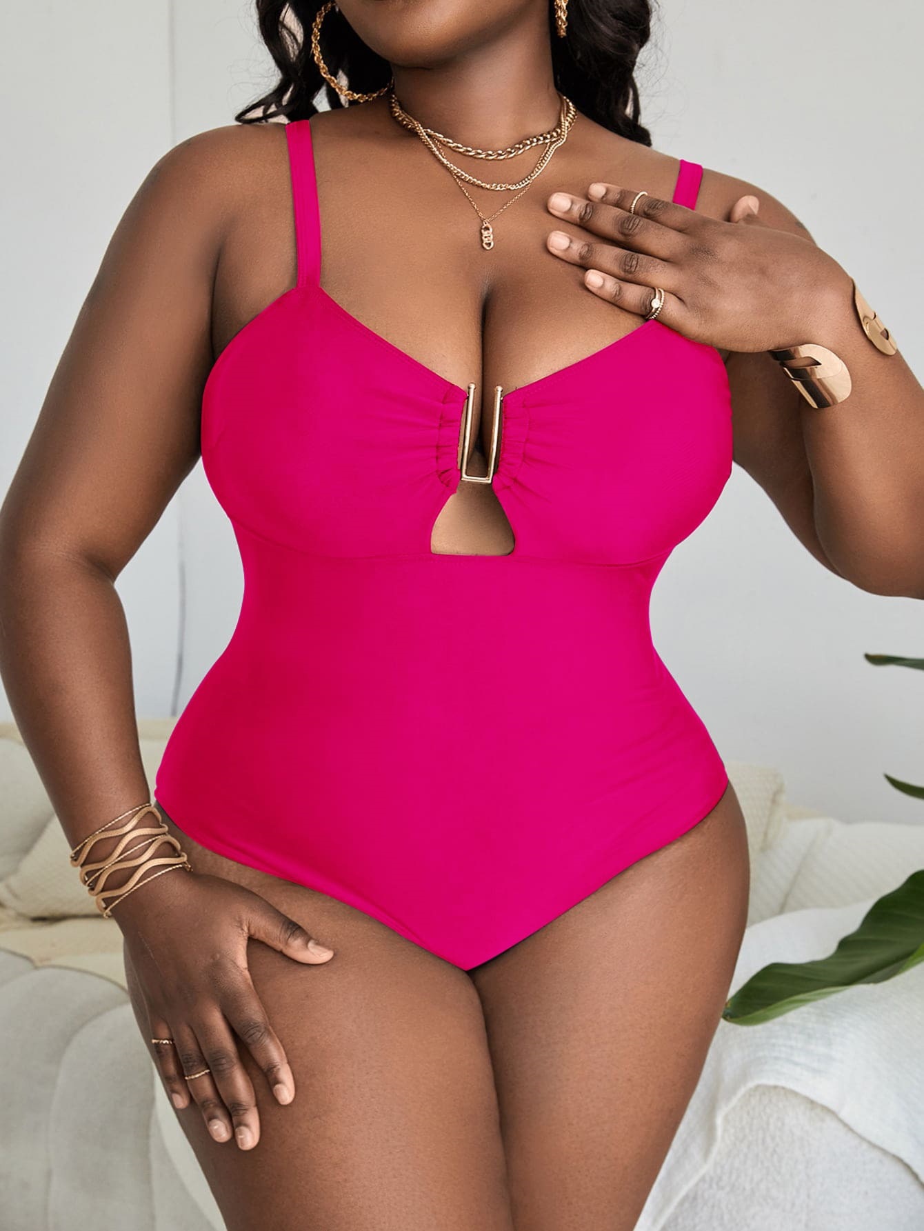 Solid Color Deep V Sexy Hollow Plus Size One-piece Swimsuit